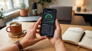 Como usar rendimentos para pagar contas automáticas e aproveitar cada centavo do saldo 2 Close-up de mãos segurando um celular que exibe uma interface de aplicativo financeiro com indicadores de rendimento automático ativo e uma lista de d